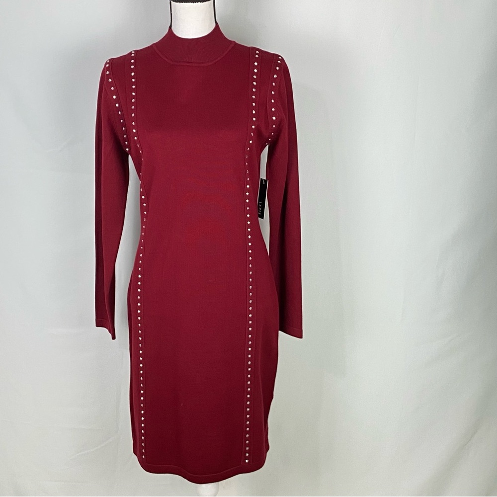 Lapis Long Sleeve Mock Neck Burgundy With Silver Studds Sweater Dress Size M